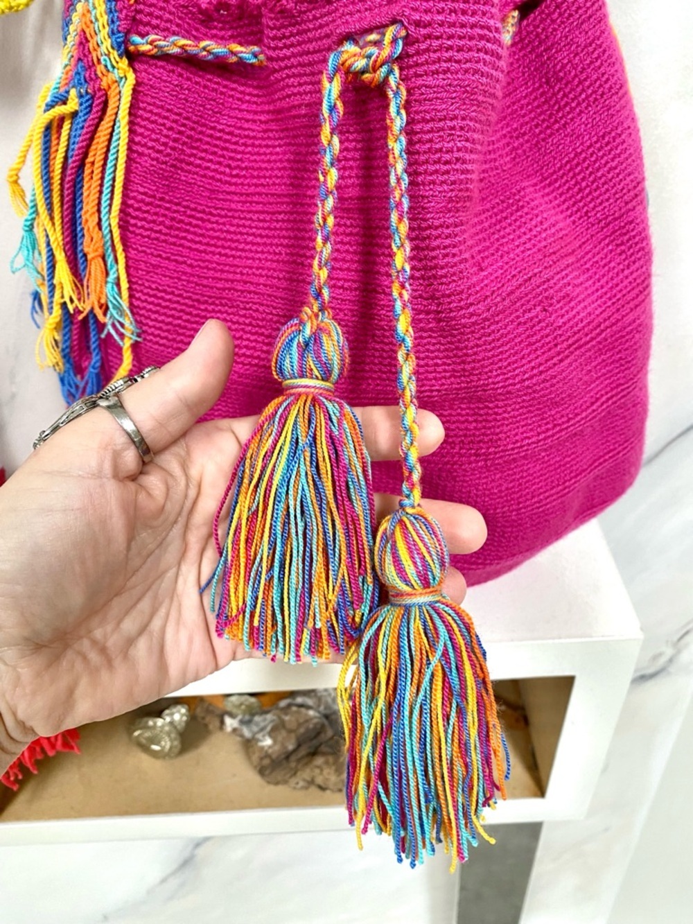 Artisan Fringe tassel hippy bucket bag with Gypsy resort vacay beach vibe - Picture 8 of 14